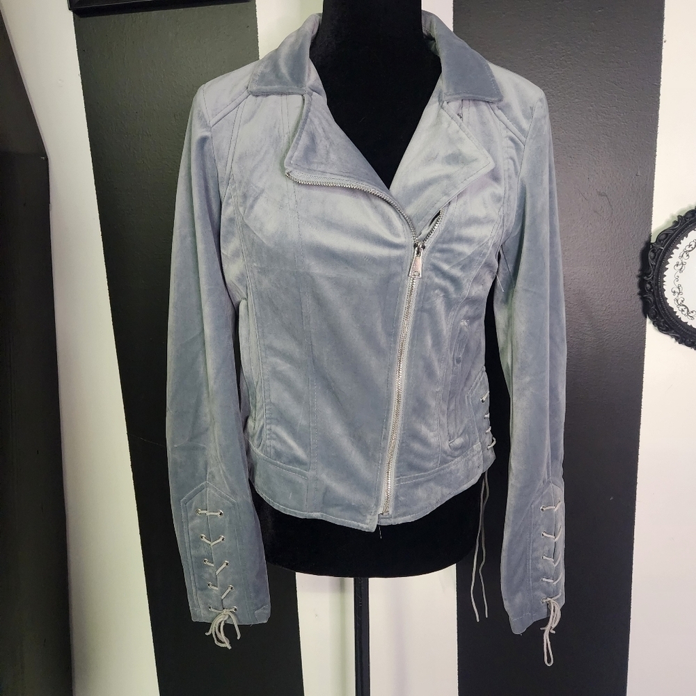 Ice Blue Velvet Moto Jacket